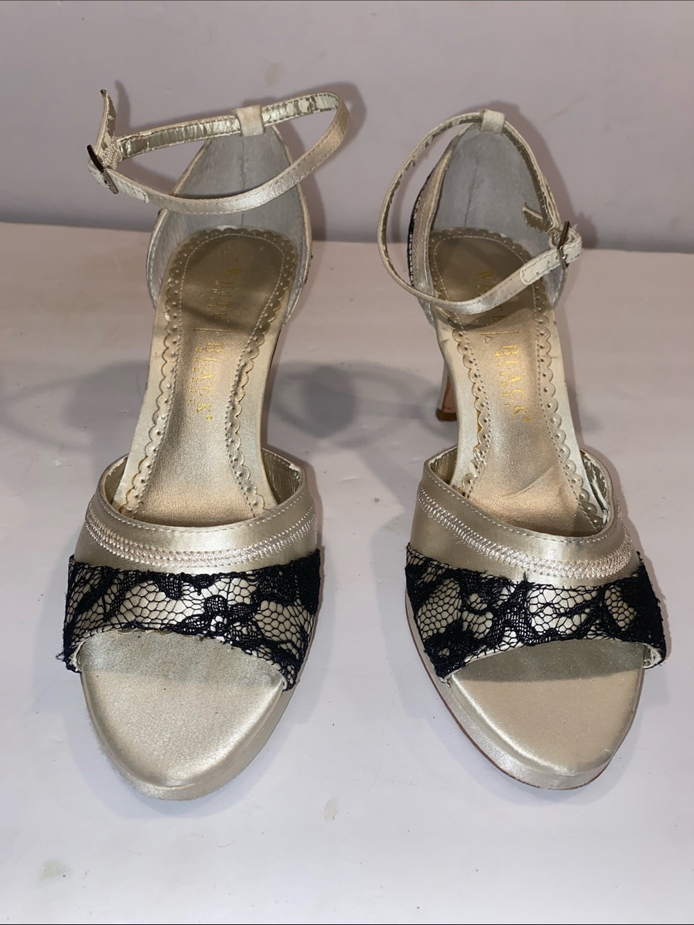 White House Black Market Gold Open-Toe Ankle-Strap Heels with Black Lace . Used.